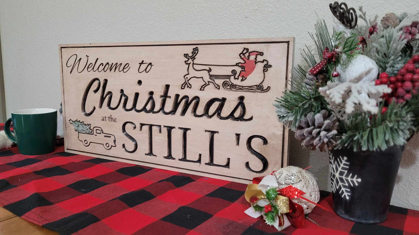 Custom Solid Wood Carved Family Name Christmas Sign | Home Decor Traditional Cabin White