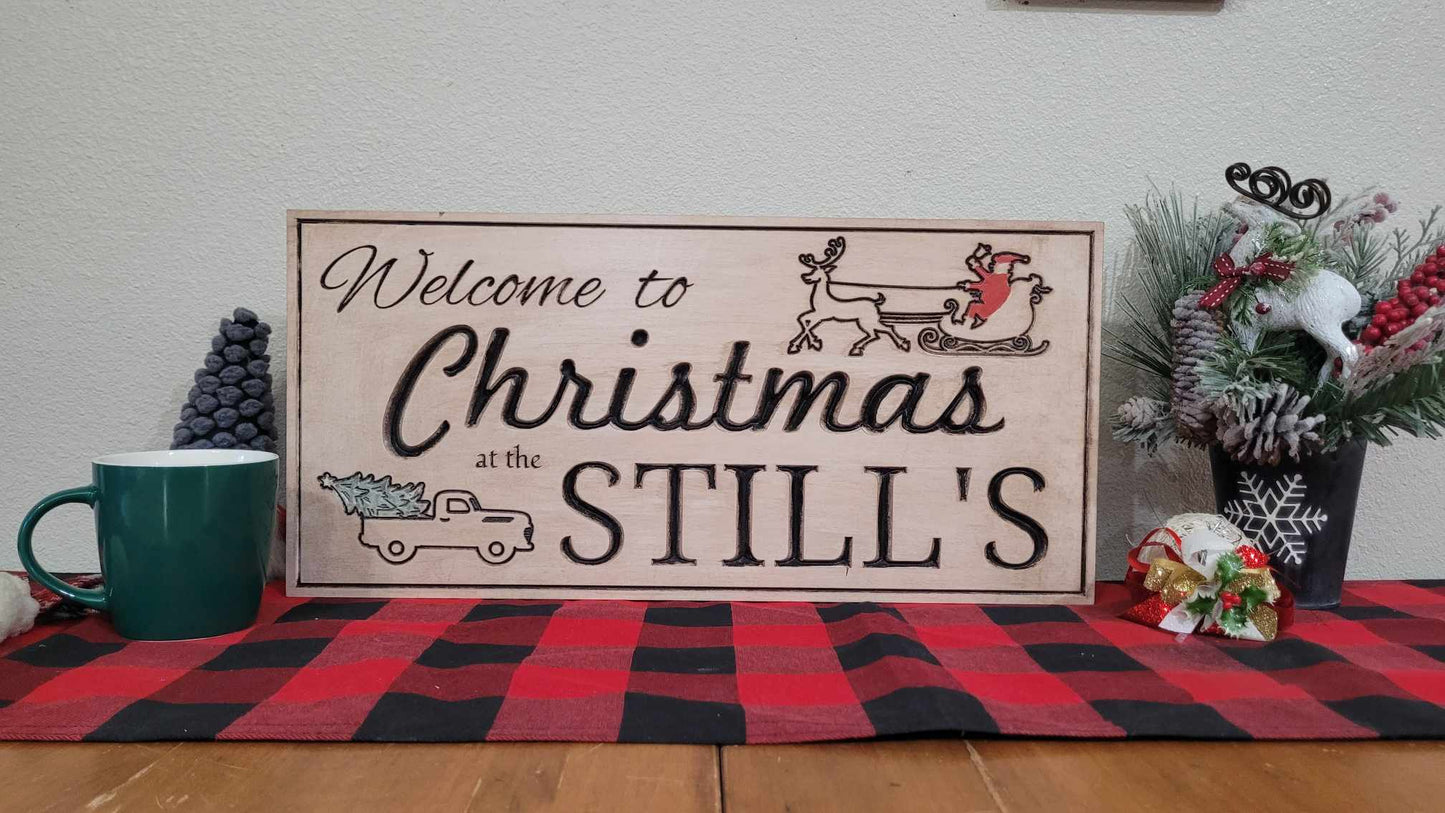 Custom Solid Wood Carved Family Name Christmas Sign | Home Decor Traditional Cabin White