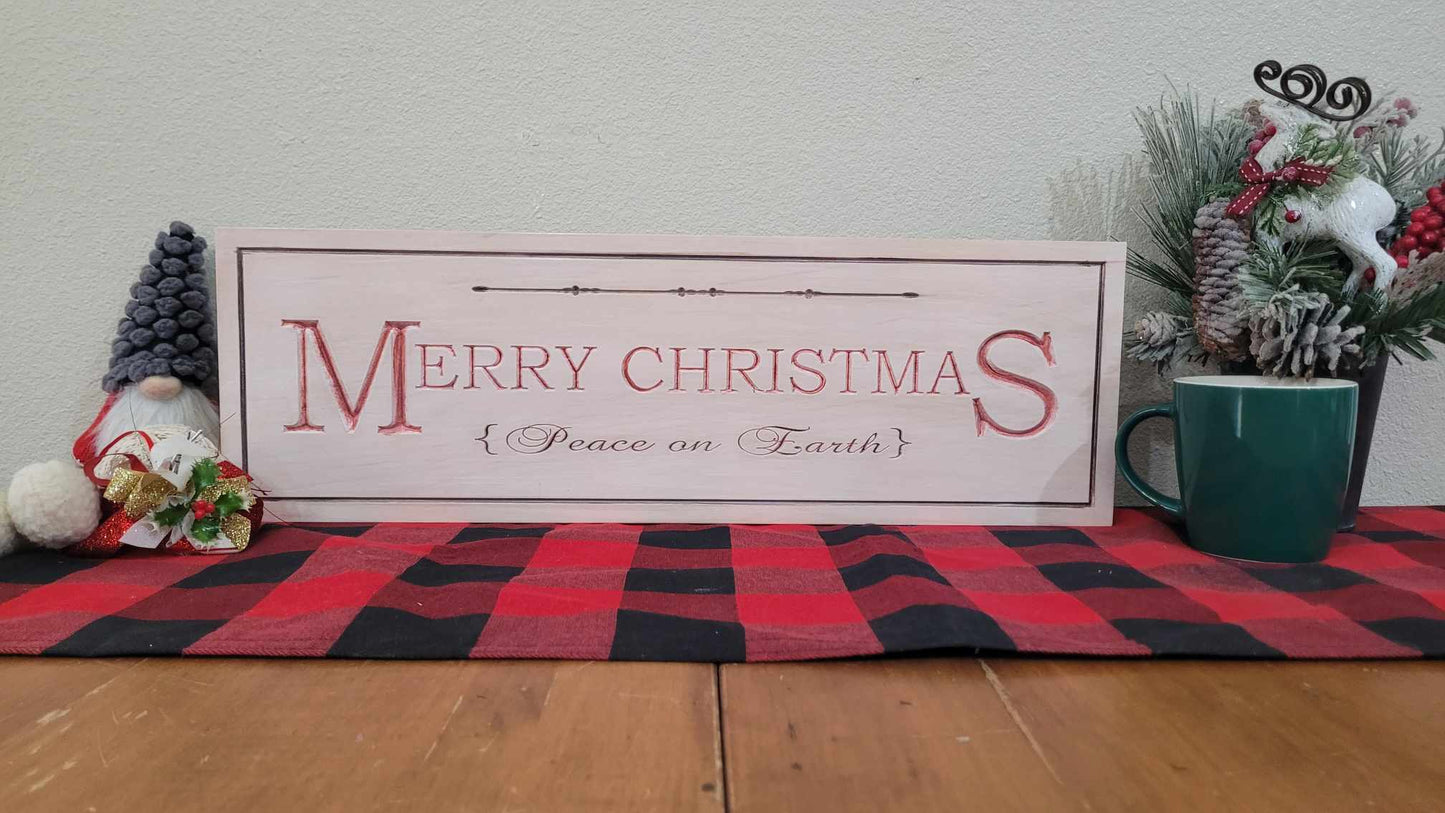 Custom Solid Wood Carved Merry Christmas Sign | Home Decor Traditional Cabin White