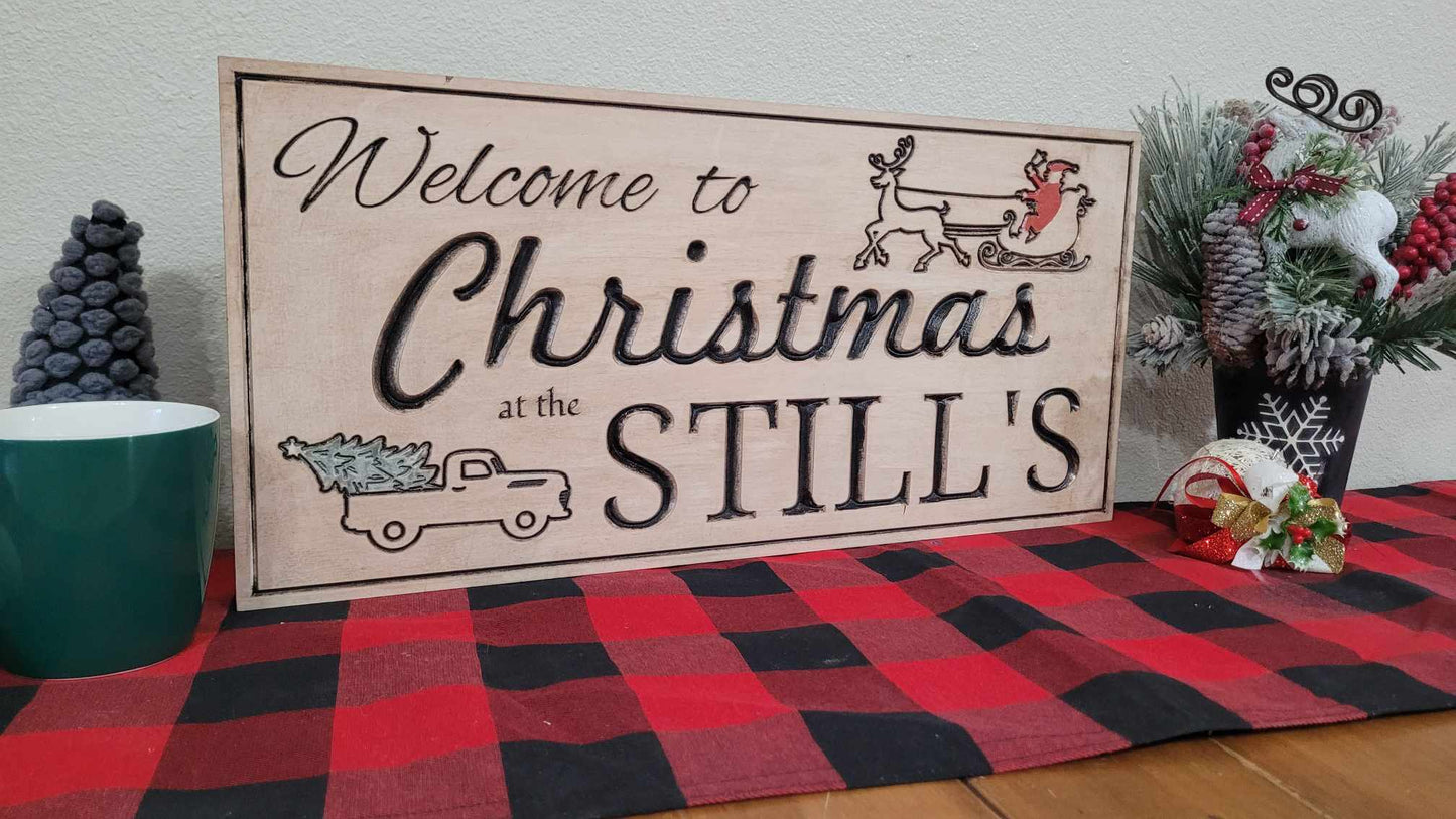 Custom Solid Wood Carved Family Name Christmas Sign | Home Decor Traditional Cabin White