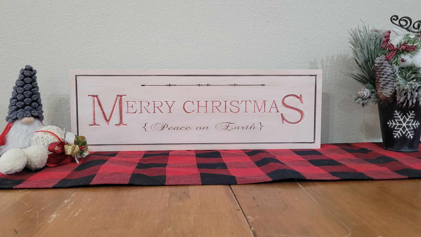 Custom Solid Wood Carved Merry Christmas Sign | Home Decor Traditional Cabin White