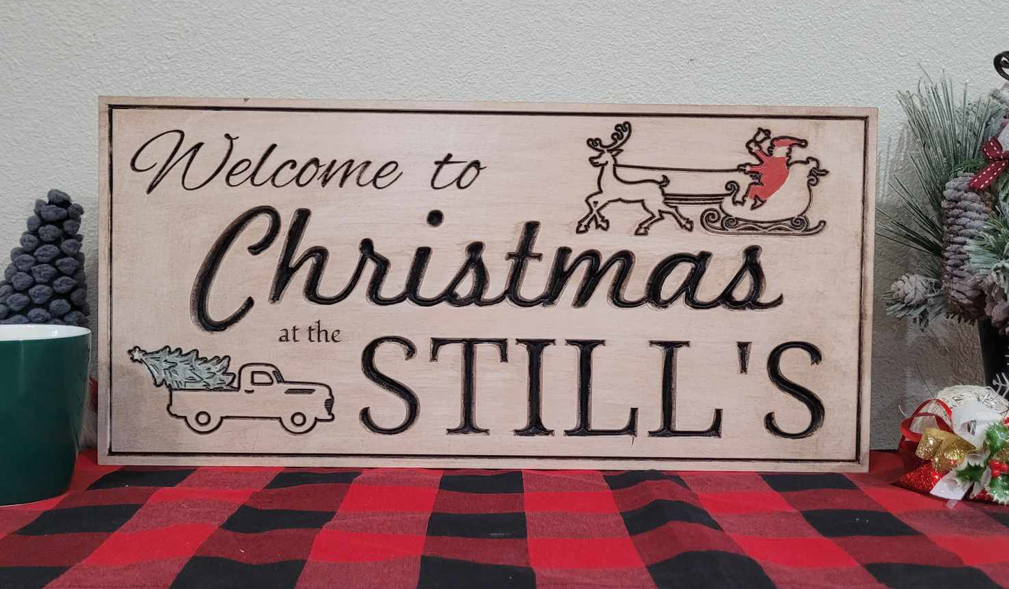 Custom Solid Wood Carved Family Name Christmas Sign | Home Decor Traditional Cabin White