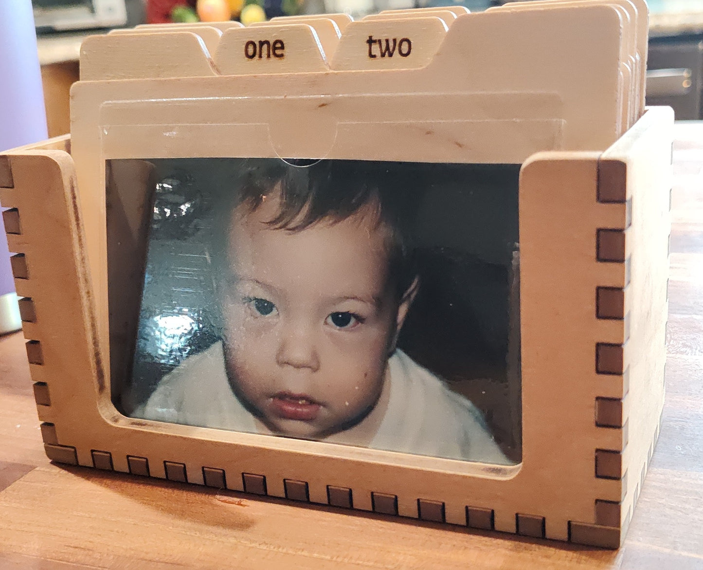 Personalized Baby Monthly Milestone Picture Marker and Photo Holder - Wooden Recipe Box Style