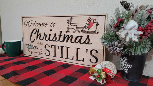 Custom Solid Wood Carved Family Name Christmas Sign | Home Decor Traditional Cabin White
