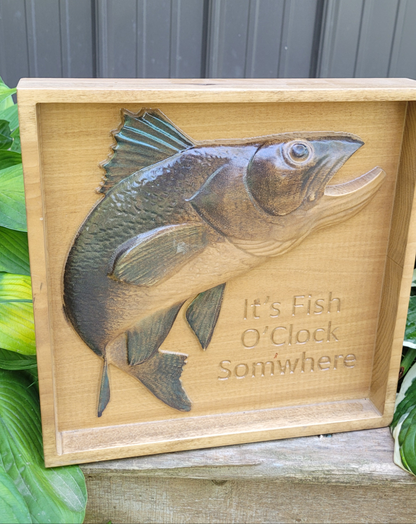 Fish Sign 3D Carved Wooden Hand Painted | Cabin Lake House Decor