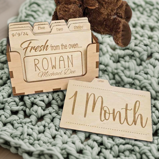 Personalized Baby Monthly Milestone Picture Marker and Photo Holder - Wooden Recipe Box Style